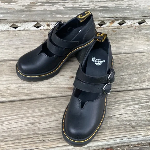 Dr. Martens Eviee Heeled Shoes in Black Sendal Leather Women's Size 6